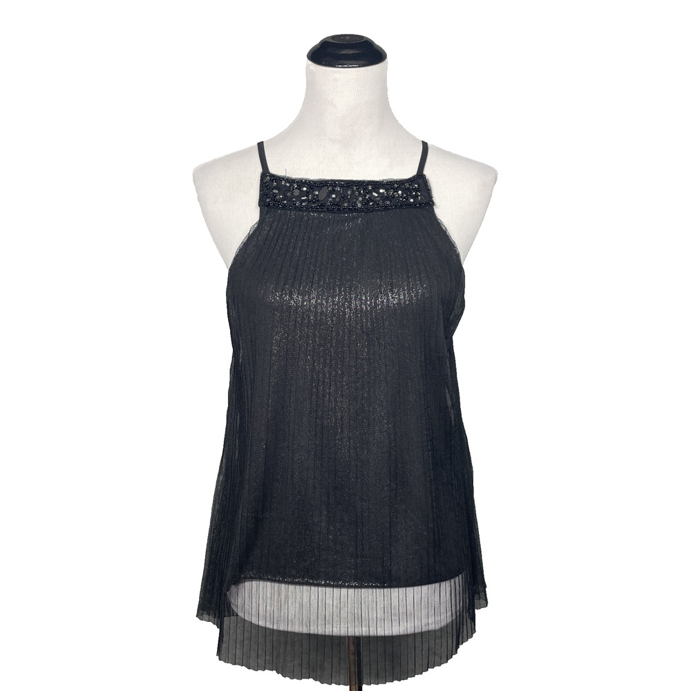 Kiki Riki Sz 6 Blk High Square Neck Sheer Pleated Top Silver Lining Embellished